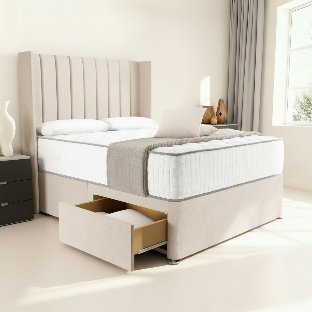 Prague Wingback Divan Bed Side Angle - Cream Naples